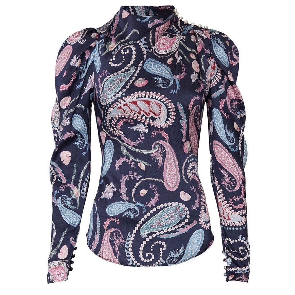 Thurley Crown Of Thornes Blouse Long sleeve Paisley Pearls Navy print size 4 RTR